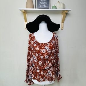 ✨CeCe Floral Paisley Square Neck Ruffle Long Sleeve Peplum Top Sz M